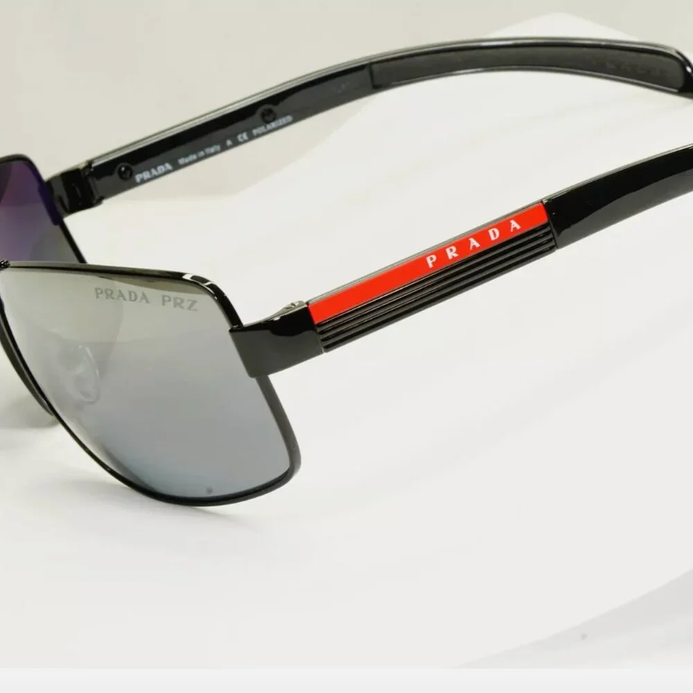 Prada Polarized Mens Sunglasses Silver Mirror Black New